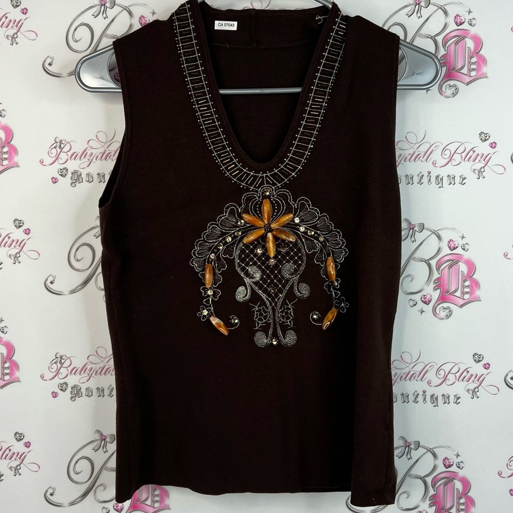 Tank top beaded embroidered Elegant Black Sleeveless Top silk Embellishments